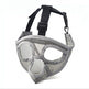 Gray mesh dog muzzle with black straps on a white background