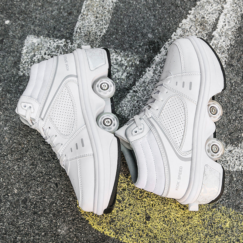 White roller skates on a textured surface