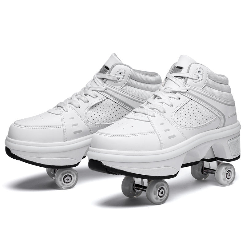 White high-top sneakers with roller wheels on a white background