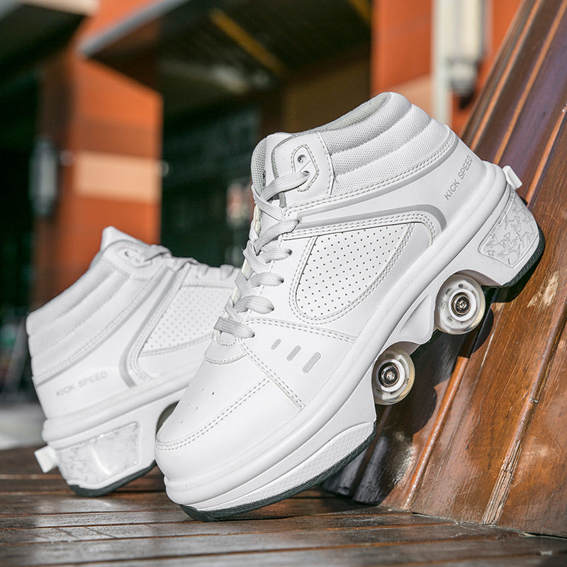 White high-top sneakers with roller wheels on a wooden floor.