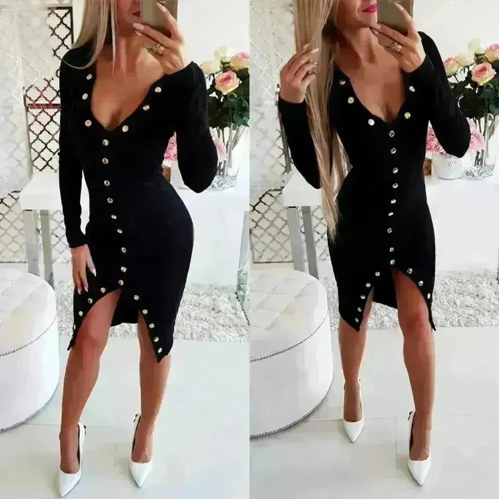 Autumn Winter Party Club V-neck Split Bodycon Sweater Dress - EX-STOCK CANADA