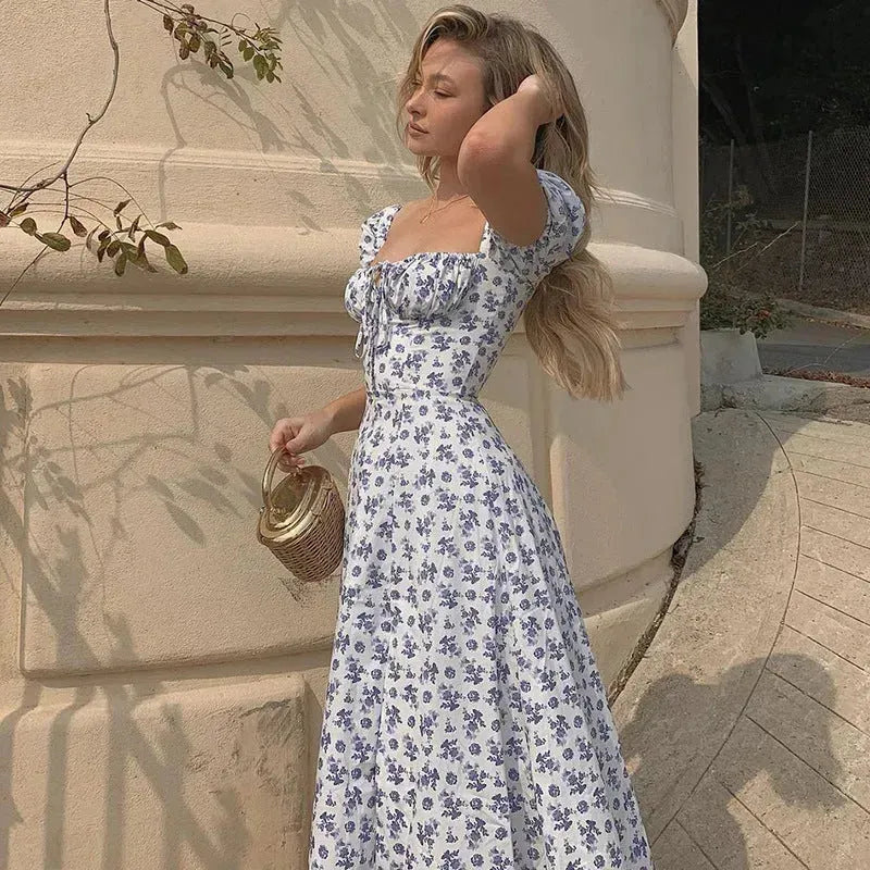 Summer Floral Print Dress Women Sexy Party Long Dresses Puff Short Sleeve - EX-STOCK CANADA