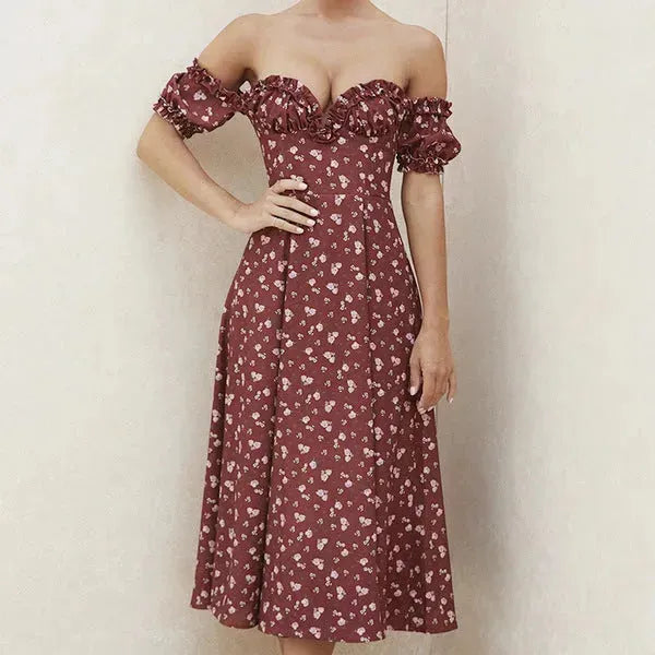 Summer Floral Print Dress Women Sexy Party Long Dresses Puff Short Sleeve - EX-STOCK CANADA