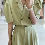 Simple Lapel Double-breasted Puff Sleeve Blazer  High-waist Pleated Casual Trousers suit - EX-STOCK CANADA