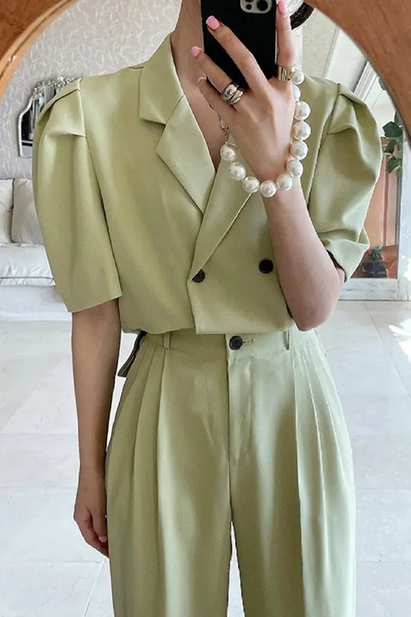 Simple Lapel Double-breasted Puff Sleeve Blazer  High-waist Pleated Casual Trousers suit - EX-STOCK CANADA
