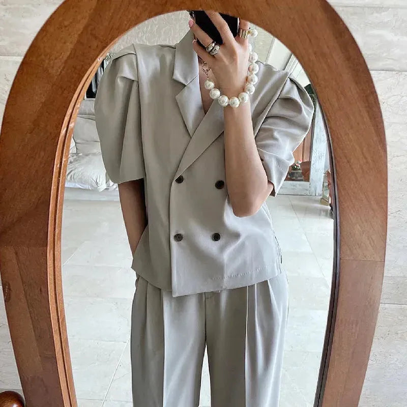 Simple Lapel Double-breasted Puff Sleeve Blazer  High-waist Pleated Casual Trousers suit - EX-STOCK CANADA