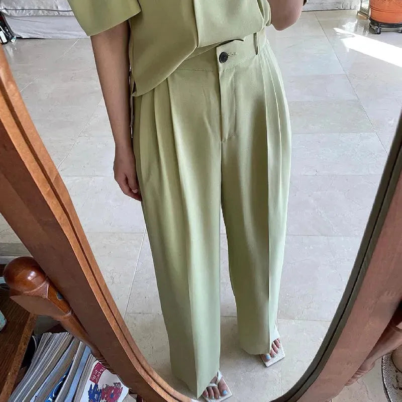 Simple Lapel Double-breasted Puff Sleeve Blazer  High-waist Pleated Casual Trousers suit - EX-STOCK CANADA