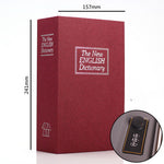 Red box labeled 'The New English Dictionary' with dimensions and a close-up of a tag.