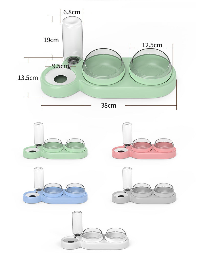 Pet feeding station with measurement details on a white background