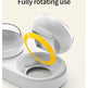 White pet feeder with a yellow arrow indicating 'fully rotating use' on a beige background