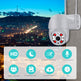 Security camera with features overlay on a cityscape background