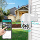 Outdoor security camera with PTZ control feature, displayed on a house exterior with smartphone app interface.