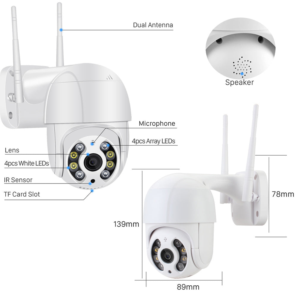 Diagram of a security camera with labeled parts and dimensions on a white background