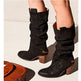 Women's Block Heel Slouchy Knee-High Boots – Retro PU Leather Stacked Heel black 