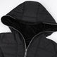 Black hooded jacket with a zipper on a white background
