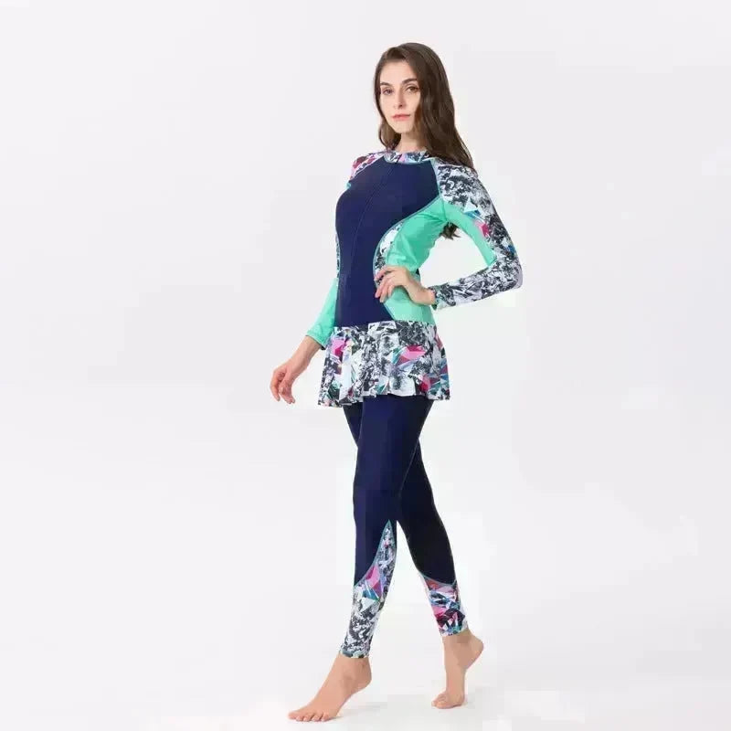One-Piece Long Sleeve Long Skirt Swimsuit EX-STOCK