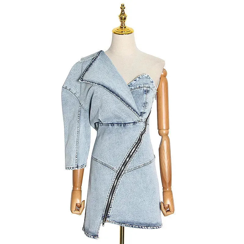 Street Fashion One shoulder Denim Mini Jeans hip dress - EX-STOCK CANADA
