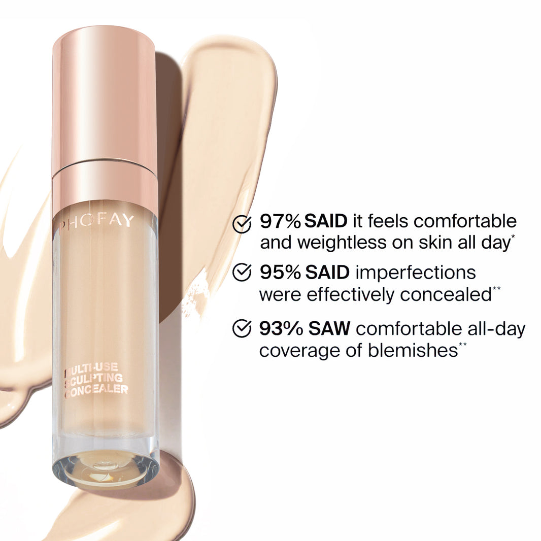 Makeup concealer bottle with application sample and user feedback text on a white background