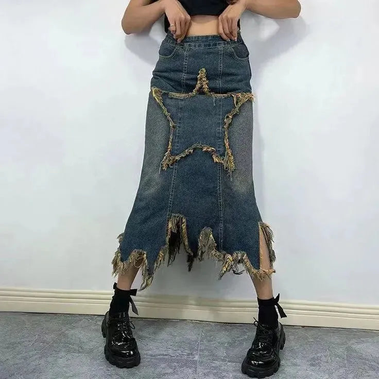 Women's American-style Retro High Waist Irregular Midi Denim Skirt - EX-STOCK CANADA