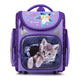 Purple backpack with a cat design on a white background