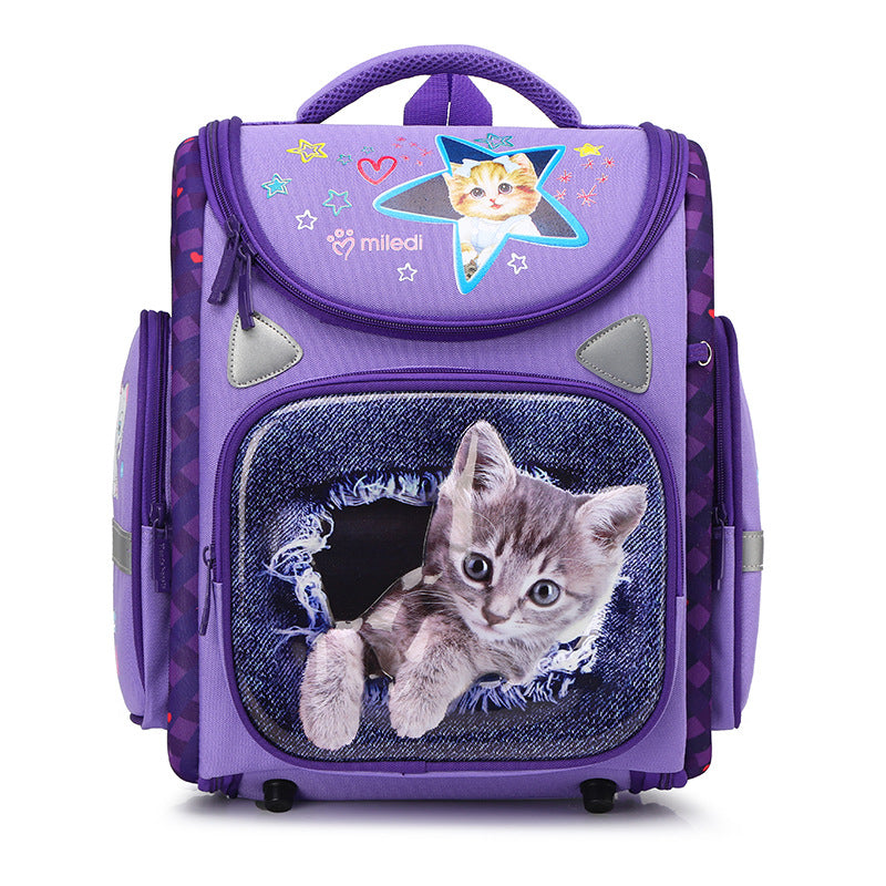 Purple backpack with a cat design on a white background