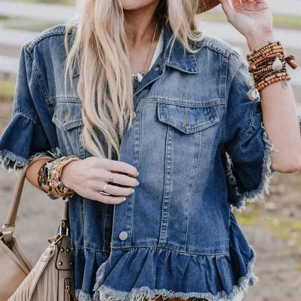 Ruffled Short Sleeves Tops For Women Loose Denim Jacket - EX-STOCK CANADA