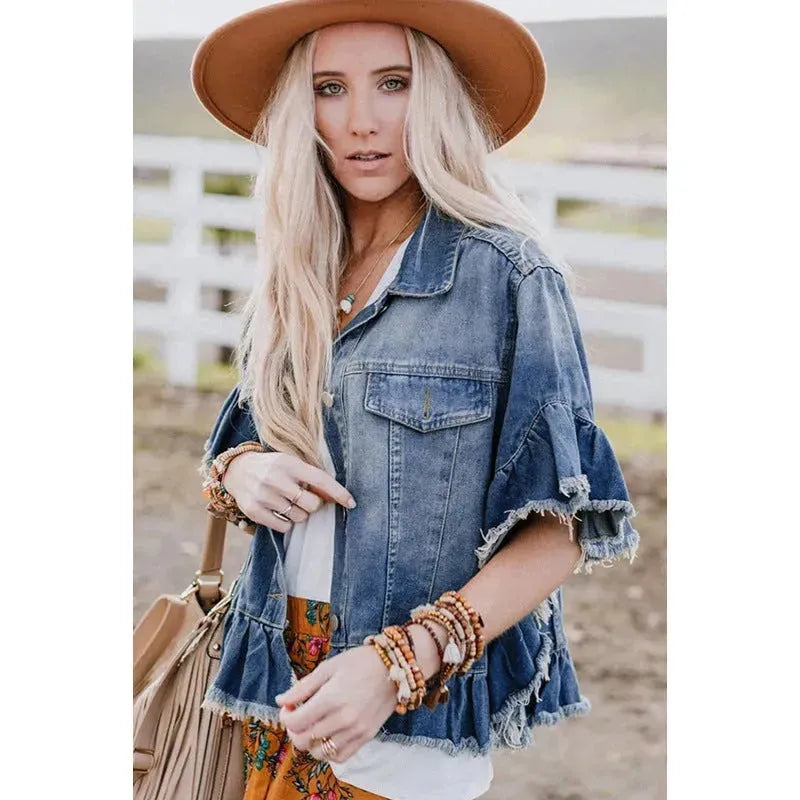 Ruffled Short Sleeves Tops For Women Loose Denim Jacket - EX-STOCK CANADA