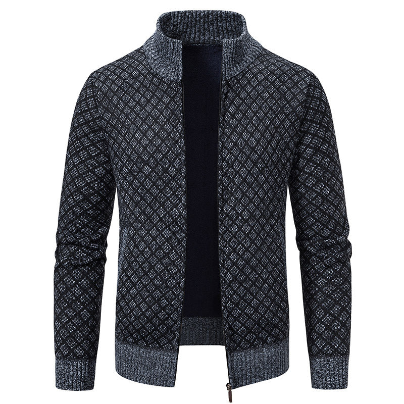 Thickened Plaid Print Jacket Cardigan Fashion Slim Fit Zipper Stand Collar Sweater Winter Men's Casual Long Sleeve Knitted Top Clothing EX-STOCK Canada 