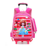 Pink children's backpack with cartoon character on a white background