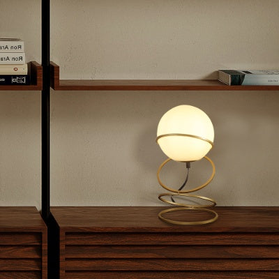 13.5 H Glass Globe Matte Gold Spiral 4 Ring Metal Stand Table Lamp For Living Room, Nightstand Bedside Table Lamp For Bedroom, LED Lamp EX-STOCK