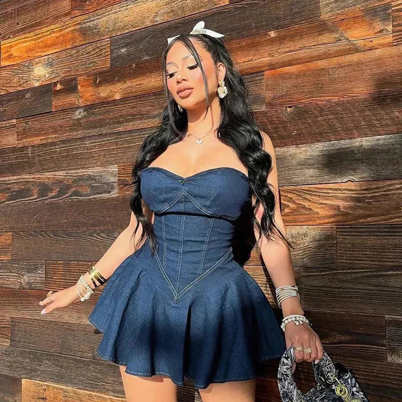 Fashion Tube Top Denim short mini Dress for Club - EX-STOCK CANADA