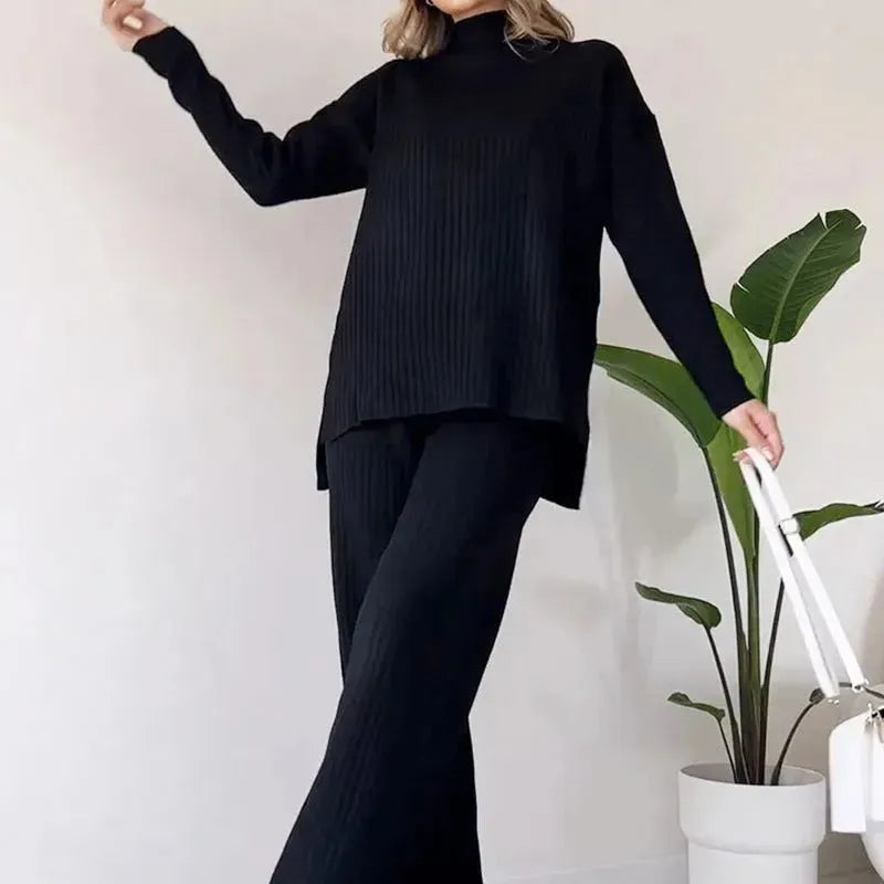Casual 2pcs Co ord Winter Turtleneck Knitted Suit Loose Split Long-sleeved Top And Straight Trousers Fashion Casual Solid Set Women's Clothing - EX-STOCK CANADA