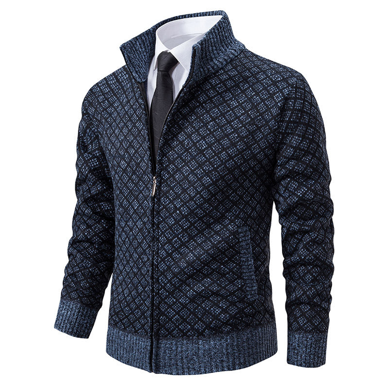 Thickened Plaid Print Jacket Cardigan Fashion Slim Fit Zipper Stand Collar Sweater Winter Men's Casual Long Sleeve Knitted Top Clothing EX-STOCK Canada 