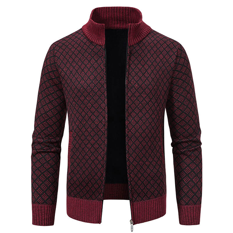 Thickened Plaid Print Jacket Cardigan Fashion Slim Fit Zipper Stand Collar Sweater Winter Men's Casual Long Sleeve Knitted Top Clothing EX-STOCK Canada 