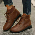 Round Toe Lace-up Ankle Boots Fall Winter Fashion Versatile Non-slip Flat Shoes Retro Western Cowboy Ankle Boot For Women - EX-STOCK CANADA