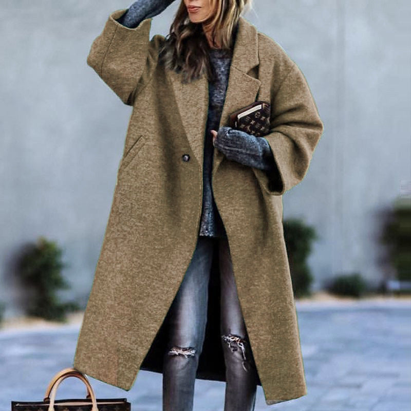 Manteau long en laine vert pour l'automne et l'hiver, de style décontracté, à col revers, sans ceinture, confortable pour les trajets, avec une coupe ample. EX-STOCK Canada