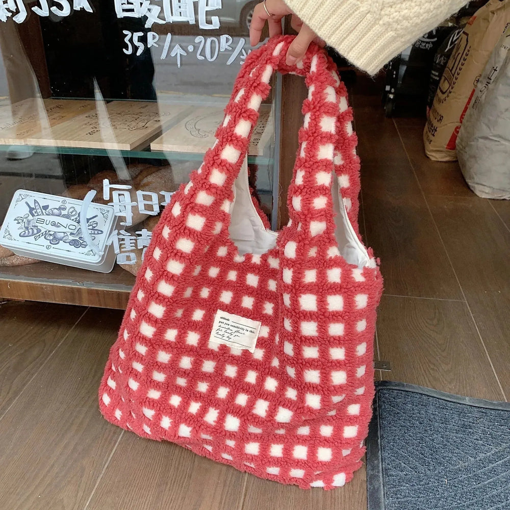 Waffle Flannel Bag Tote Bag Large Capacity Commute Minimalist Student Class Bag - EX-STOCK CANADA