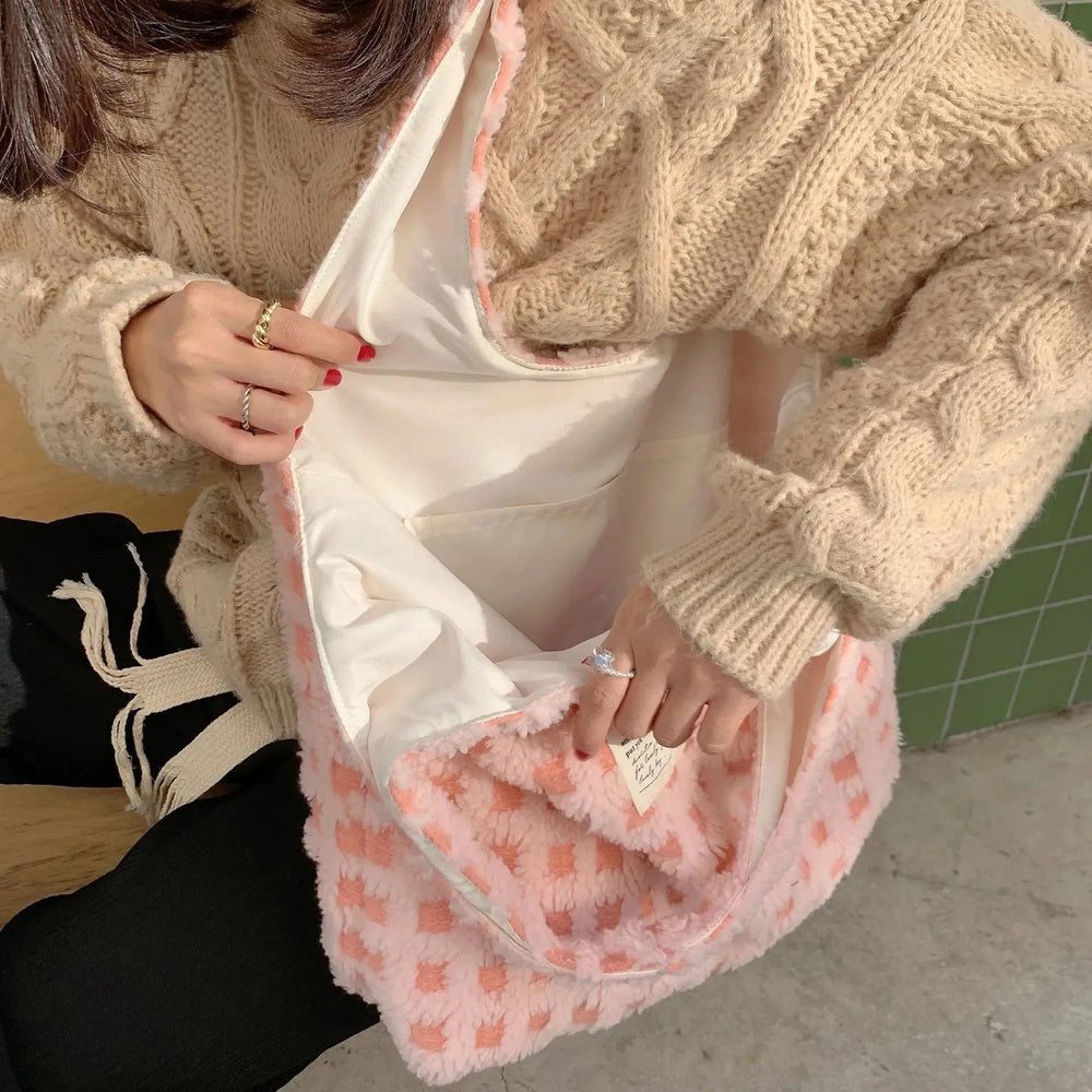 Waffle Flannel Bag Tote Bag Large Capacity Commute Minimalist Student Class Bag - EX-STOCK CANADA