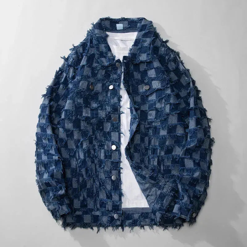 Luxury Hip pop Plaid Checkered Tassel fringe Oversized Denim Jacket for men