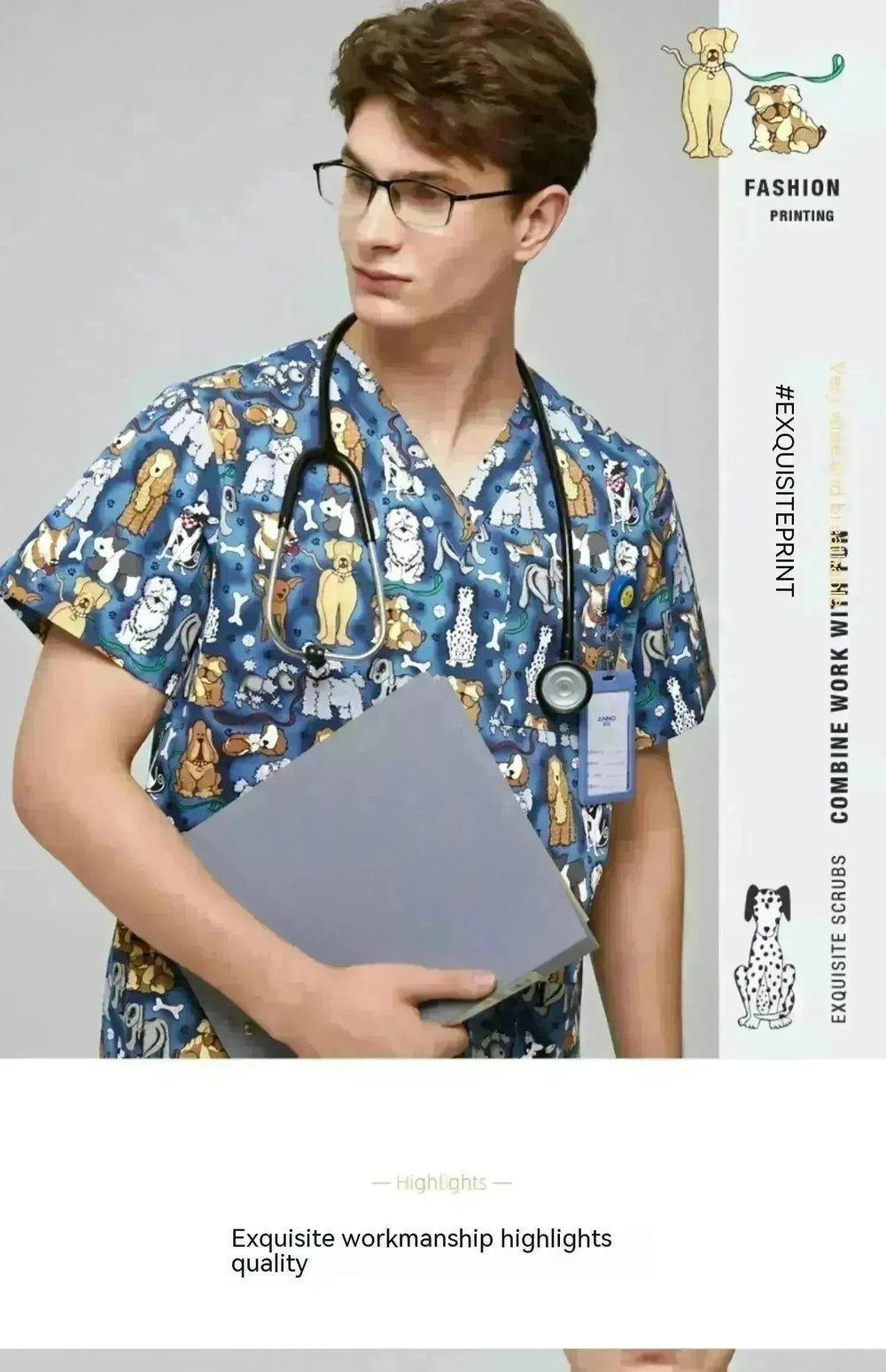 Surgical Gown Printed V-neck Pet Doctor Beauty Hospital Work Clothes Flower Dog Blue EX-STOCK