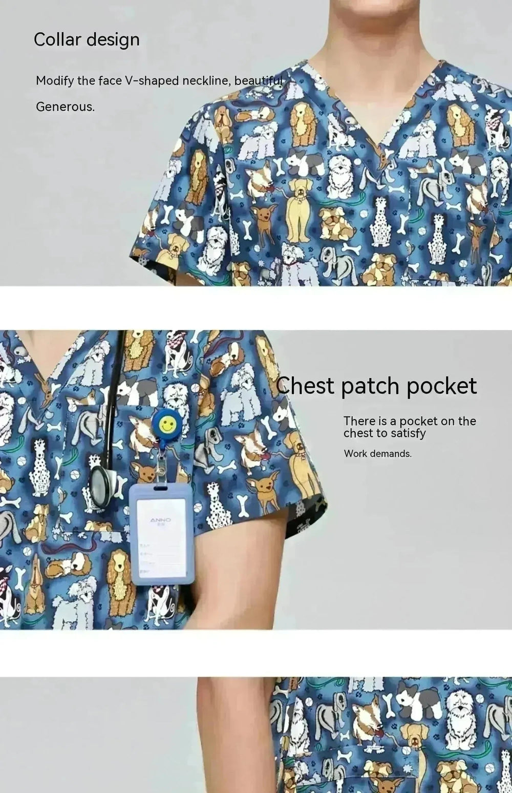 Surgical Gown Printed V-neck Pet Doctor Beauty Hospital Work Clothes Flower Dog Blue EX-STOCK