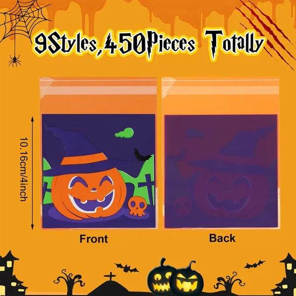 450 Pcs Halloween Cellophane Treat Bags Self-sealing Clear Candy Cookie Bags Pumpkin Ghost Black Cat Skull Trick Or Treat Bags For Halloween Birthday Trick Or Treat Party Favors Supplies EX-STOCK