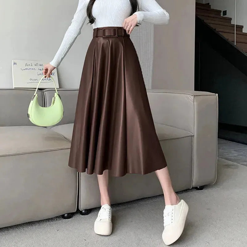 Elegant women High waist Flared Midi PU Leather skirt - EX-STOCK CANADA