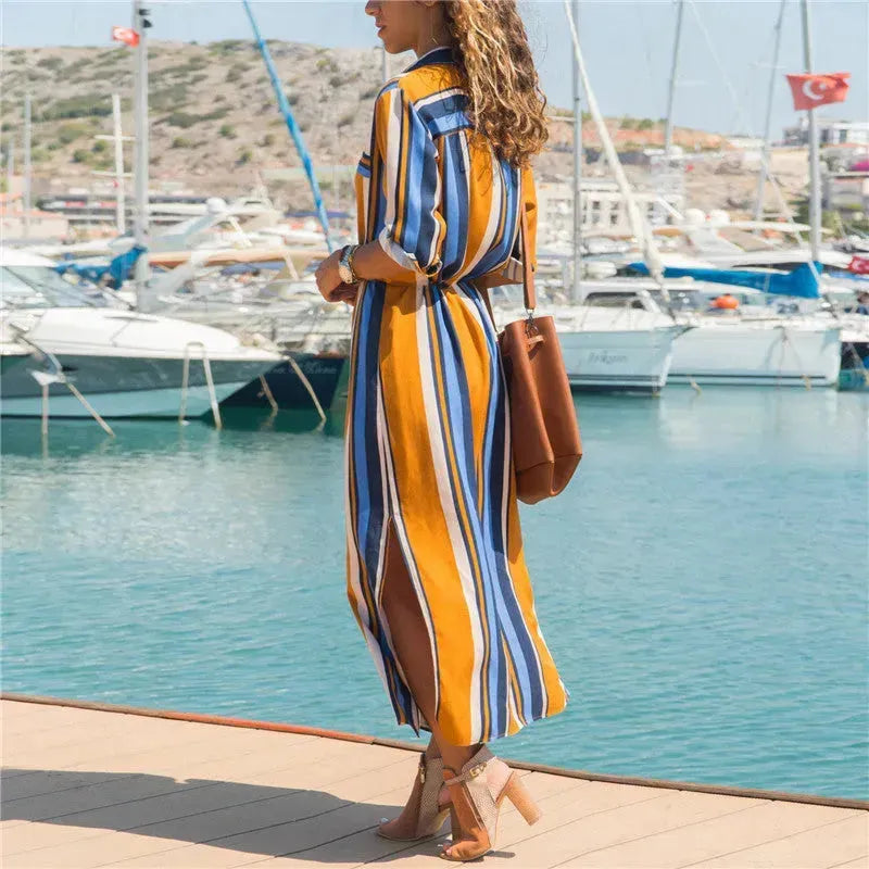 Stripe Shirt Women's Dress Spring Summer Chiffon V-neck Sexy Maxi Dresses Sexy Elegant Casual Girl Lace Women Long Sleeve - EX-STOCK CANADA