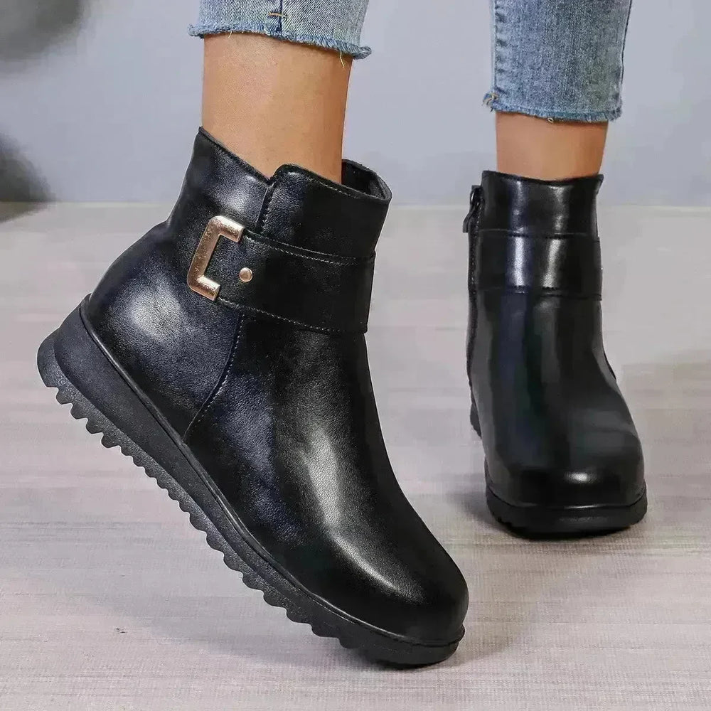 Winter Fleece Boots With Side Zipper Design Fashion Simple Non-slip Ankle Boots For Women Warm Pu Leather Shoes - EX-STOCK CANADA
