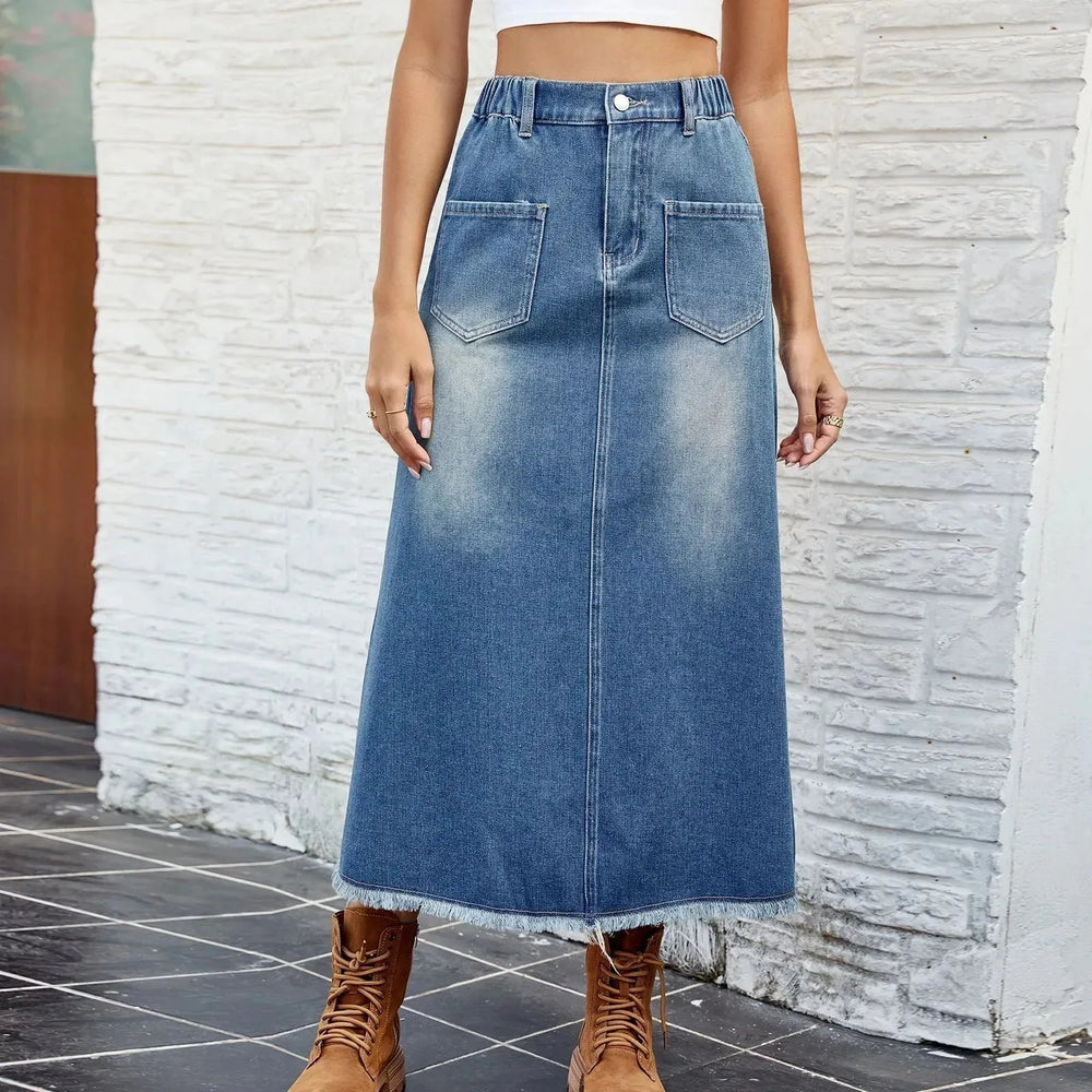 European And American Washed Frayed Hem Blue Denim Midi Skirt - EX-STOCK CANADA