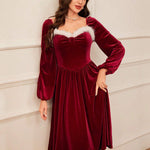 Women's Vintage Christmas Party Long Sleeve Red Velvet Dress Square Collar Dress Elegant Slimming Waist Autumn Women's Clothing EX-STOCK Canada 