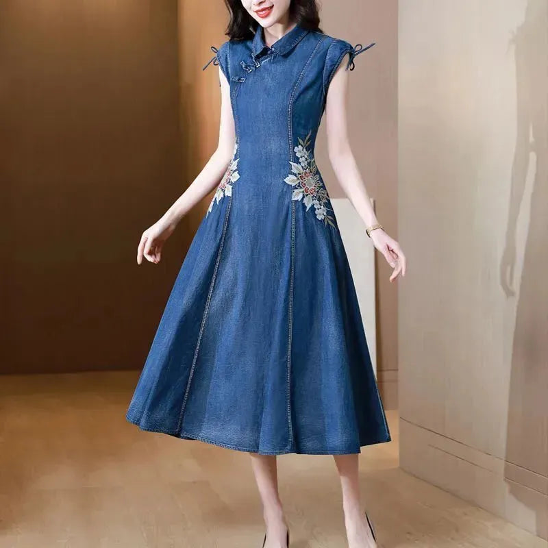New Modified Version Denim Jeans Flared Midi Dress Female Machine Embroidery Retro - EX-STOCK CANADA