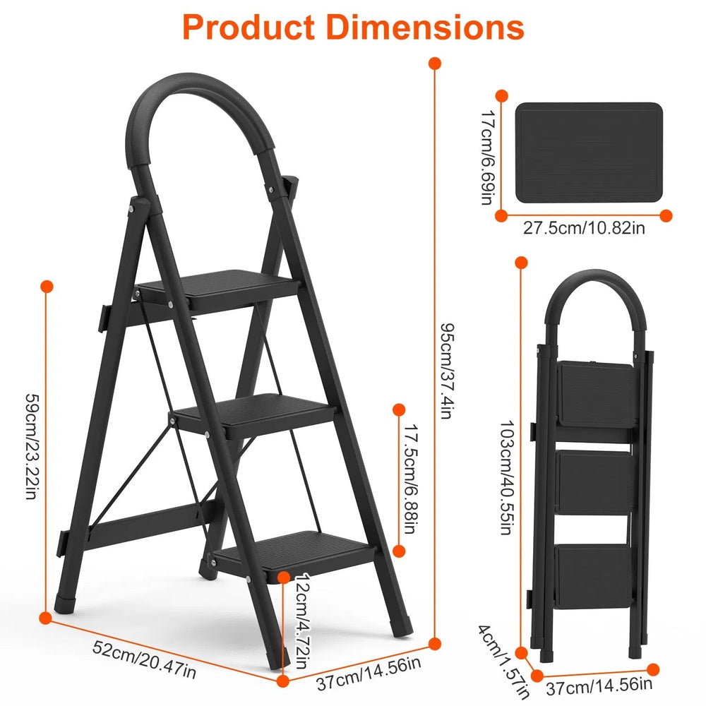 3-Step Folding Ladder, 330lbs Load Capacity, Lightweight 6.94lbs With 1.57in Folding Width, Heavy Duty Steel Construction, Non-Slip Pedals & Feet, Safety Lock, Multi-Use For Home Kitchen Living Room EX-STOCK