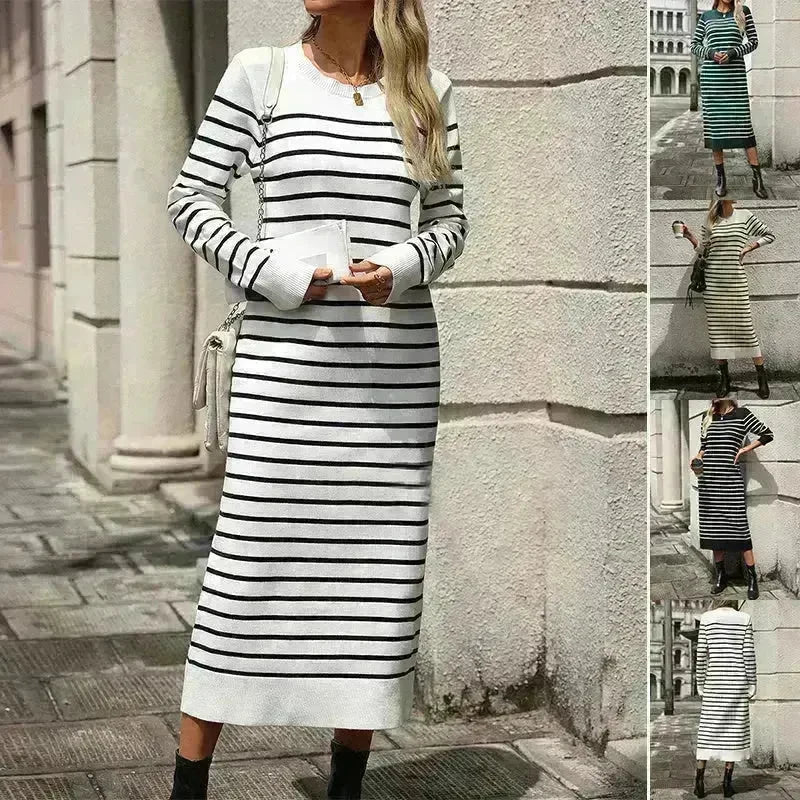 Slim Striped Printed Long Cashmere Dress  Autumn And Winter Long Sleeve Dresses For Women - EX-STOCK CANADA